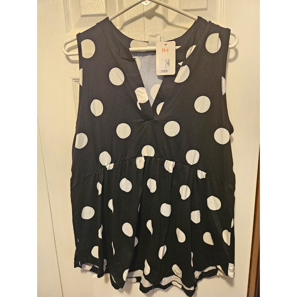 Sew In Love Polka Dot Tank Top M Medium Black White V-Neck Peplum Babydoll Boho
